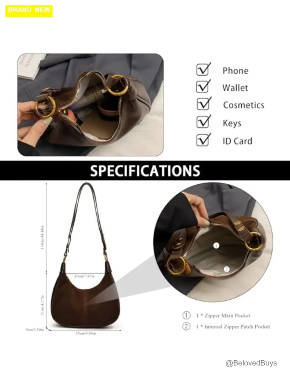 Faux Suede Faux Leather Hobo Crossbody Shoulder Bag Zipper Pocket
